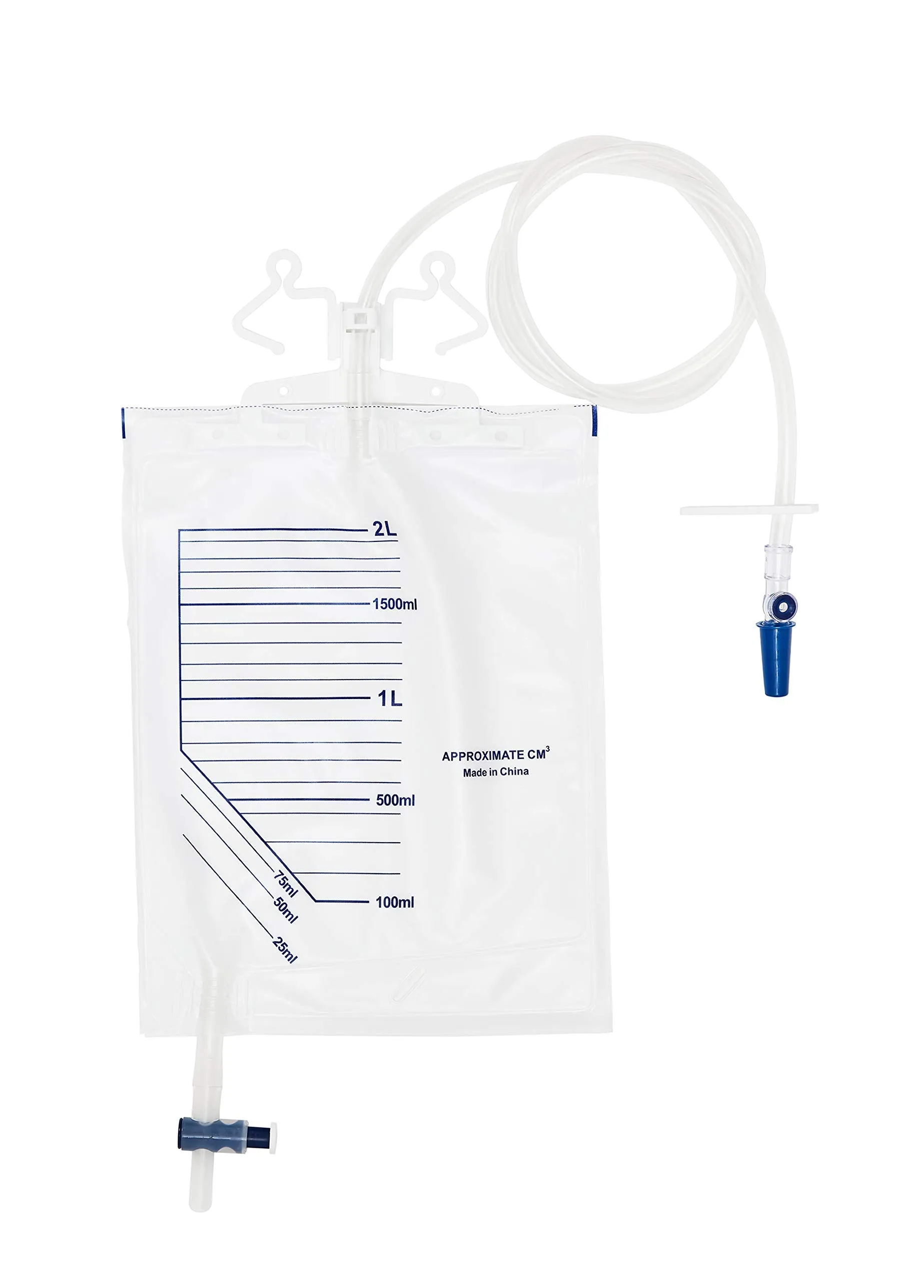 1pc Pack of 2000ml Urine Drainage Bag with Integrated Bag Hanger and T-Tap - Sterile Catheter Night Bags - Overnight Bedside Urine Bag