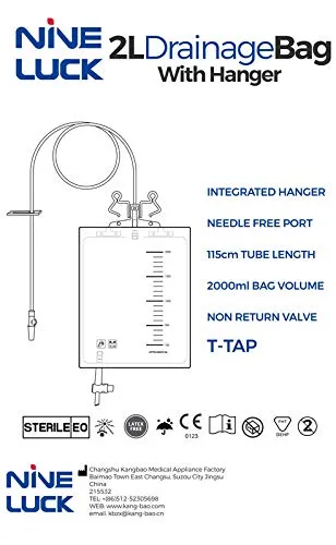 1pc Pack of 2000ml Urine Drainage Bag with Integrated Bag Hanger and T-Tap - Sterile Catheter Night Bags - Overnight Bedside Urine Bag