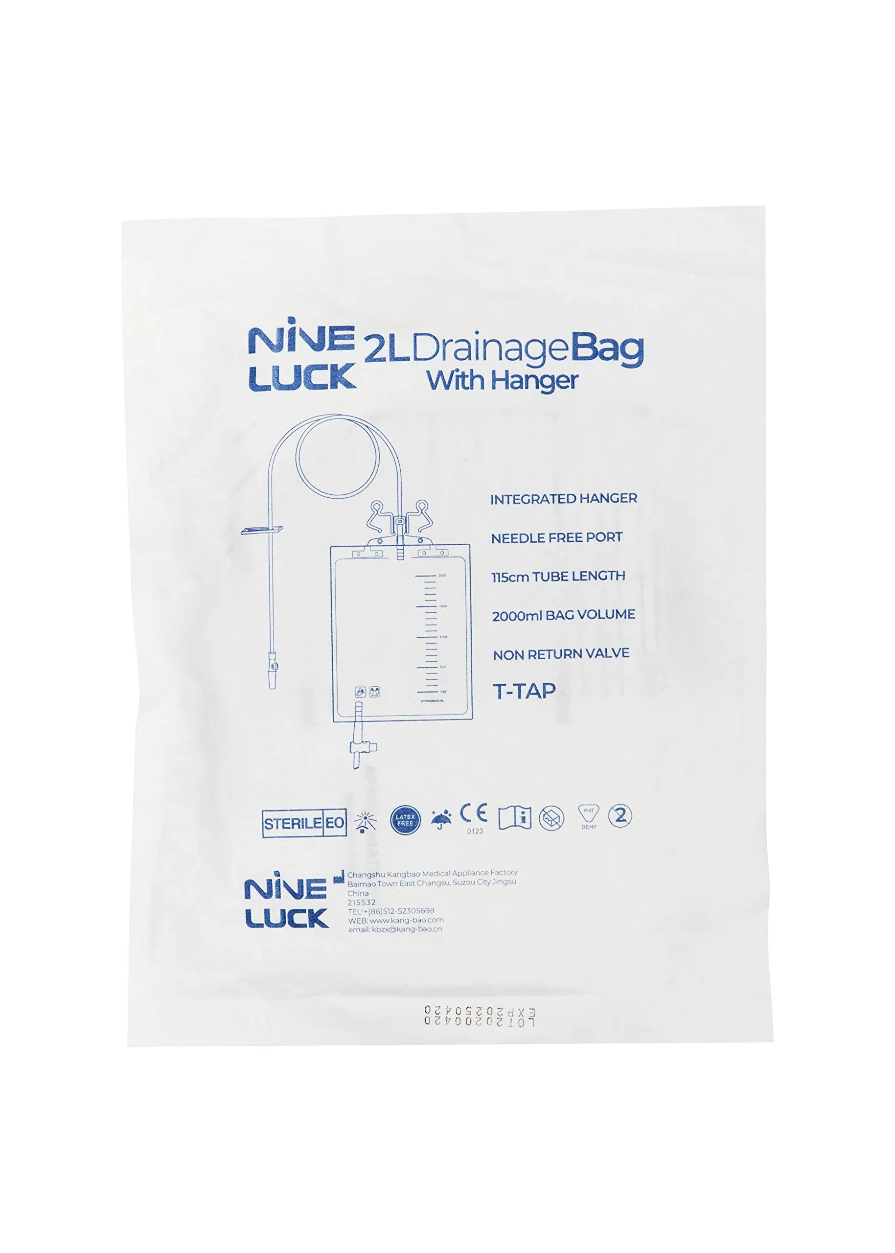 1pc Pack of 2000ml Urine Drainage Bag with Integrated Bag Hanger and T-Tap - Sterile Catheter Night Bags - Overnight Bedside Urine Bag