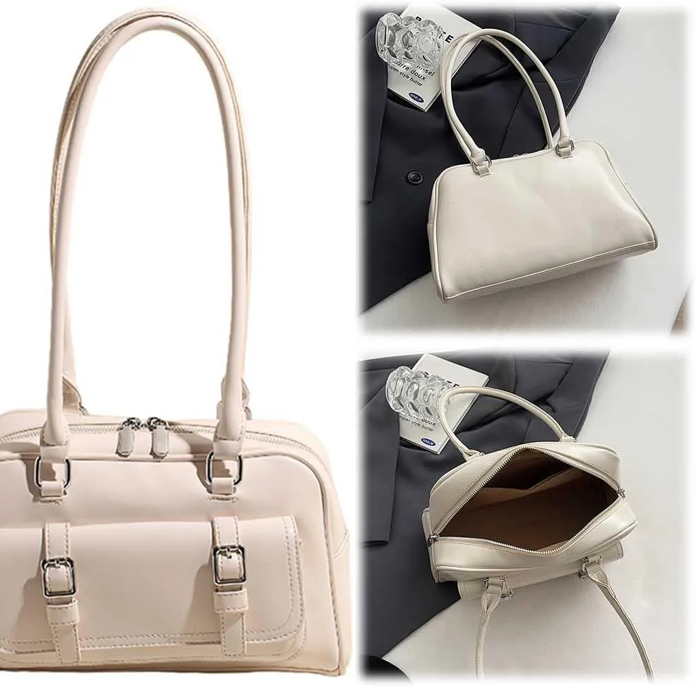 Boston Tote Bag for Women with Multi-Pockets Bowling Bag PU Leather Solid Color Hobo Bag Zipper Handbag for Work T