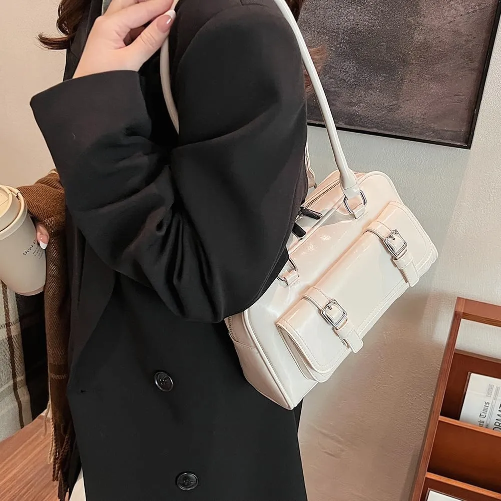 Boston Tote Bag for Women with Multi-Pockets Bowling Bag PU Leather Solid Color Hobo Bag Zipper Handbag for Work T