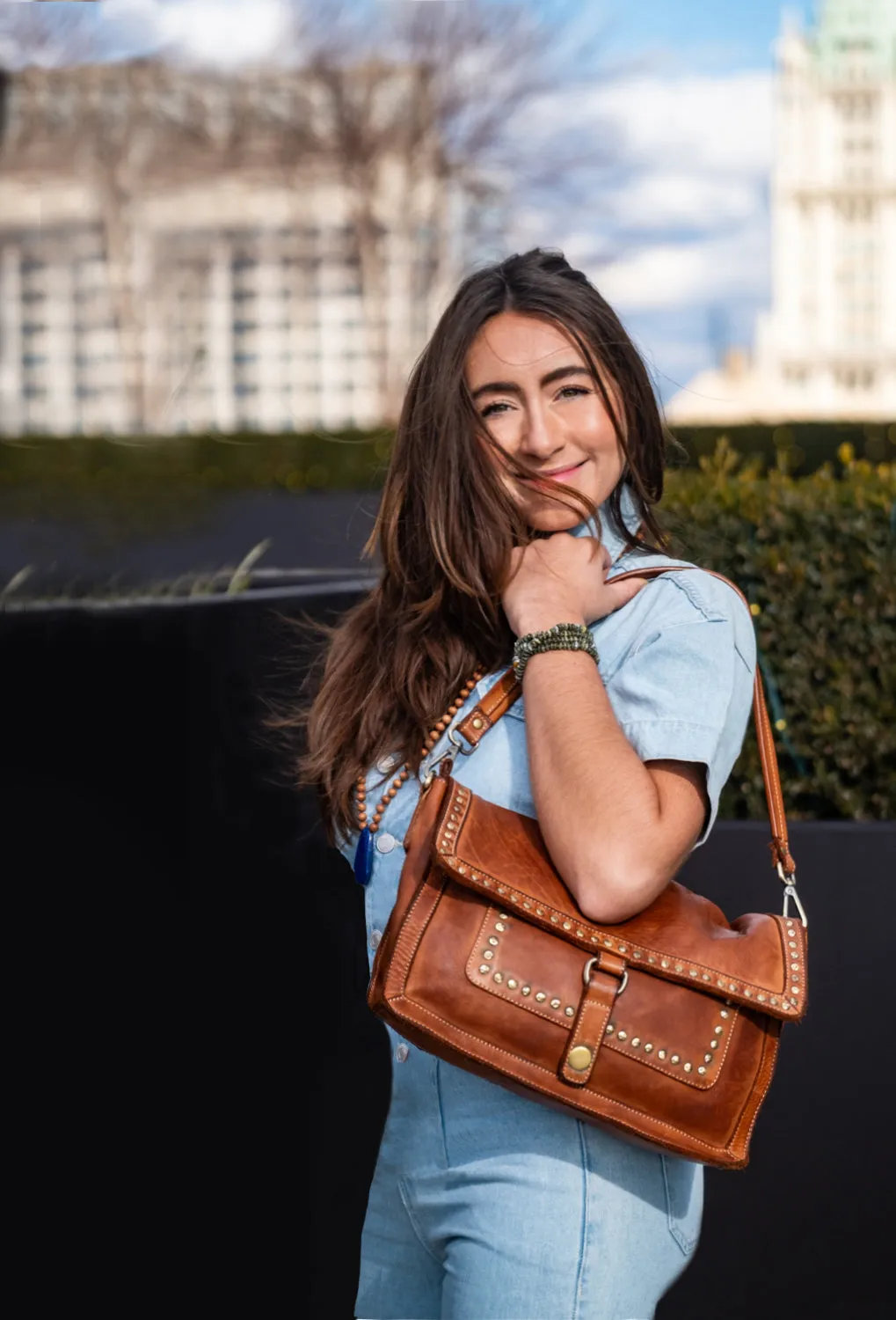 Emily Studded Shoulder Bag in Cognac