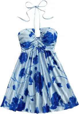 Floerns Women's Tie Dye A Line Flowy Halter Mini Dress Sleeveless Ruched Flare Hem Sundresses
