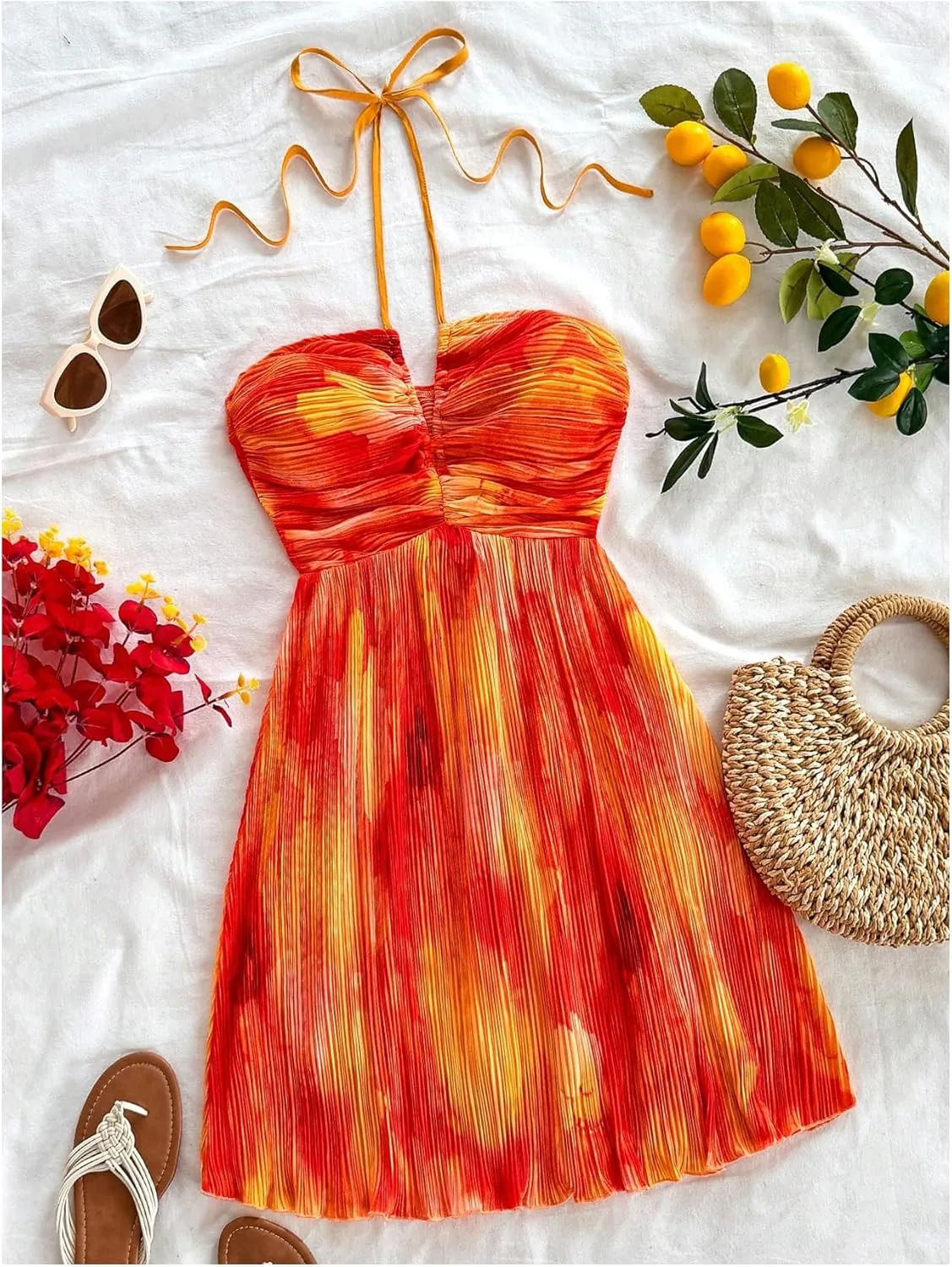 Floerns Women's Tie Dye A Line Flowy Halter Mini Dress Sleeveless Ruched Flare Hem Sundresses