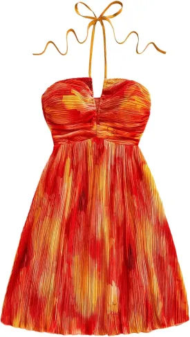 Floerns Women's Tie Dye A Line Flowy Halter Mini Dress Sleeveless Ruched Flare Hem Sundresses