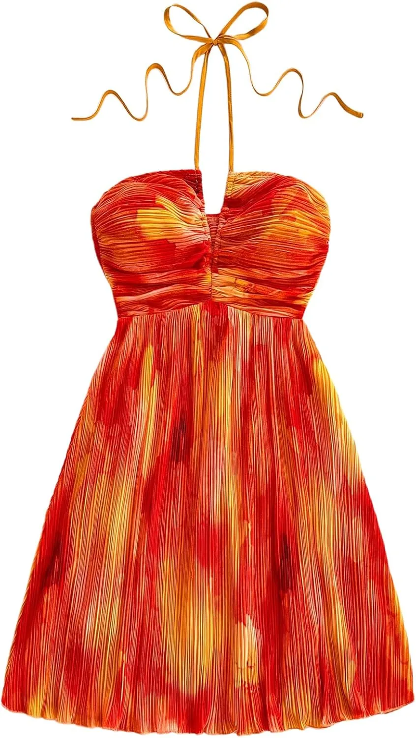 Floerns Women's Tie Dye A Line Flowy Halter Mini Dress Sleeveless Ruched Flare Hem Sundresses
