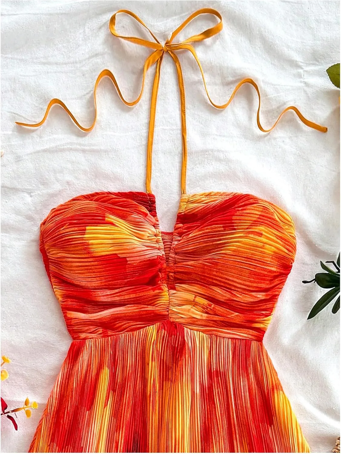 Floerns Women's Tie Dye A Line Flowy Halter Mini Dress Sleeveless Ruched Flare Hem Sundresses