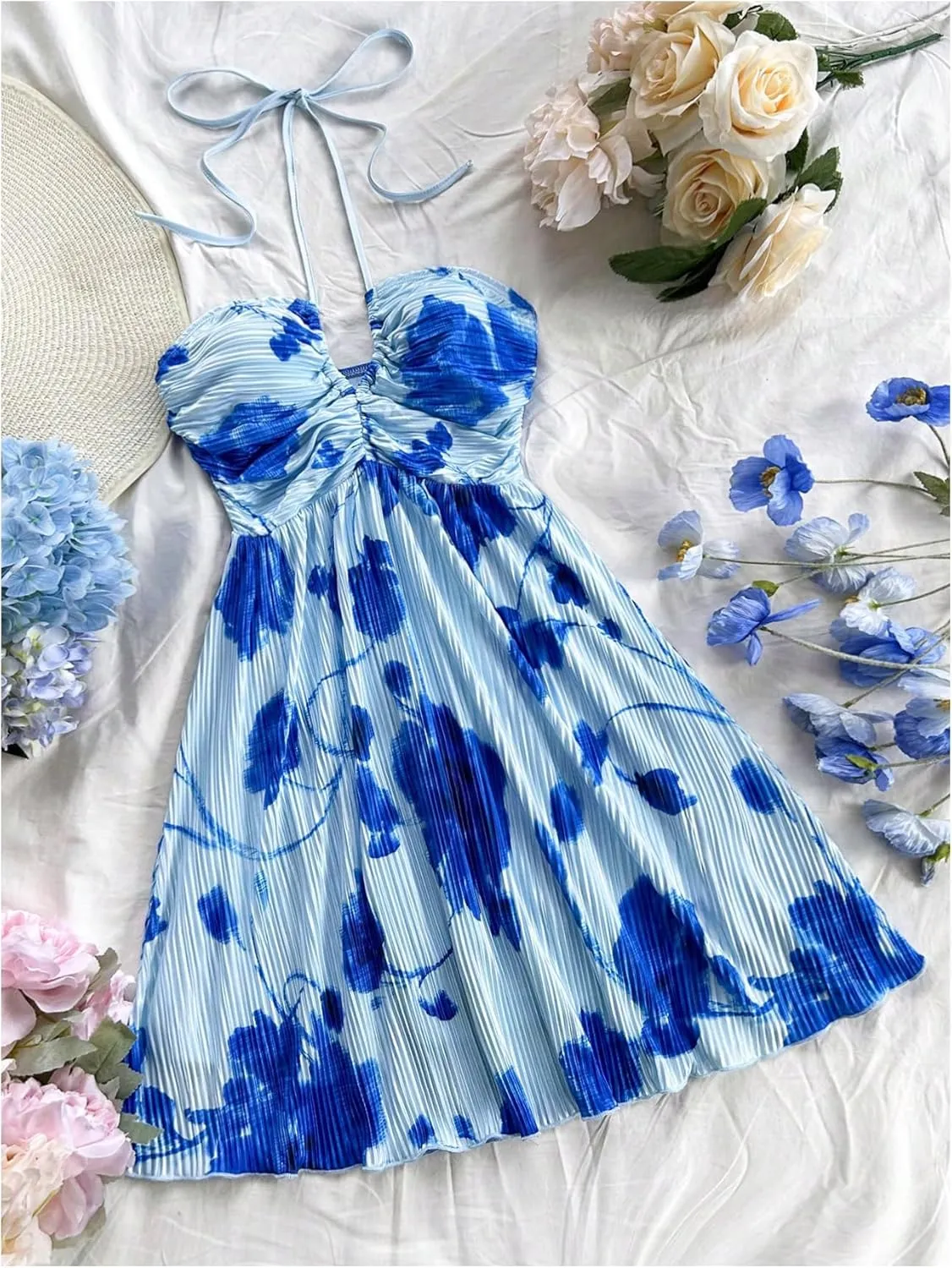 Floerns Women's Tie Dye A Line Flowy Halter Mini Dress Sleeveless Ruched Flare Hem Sundresses
