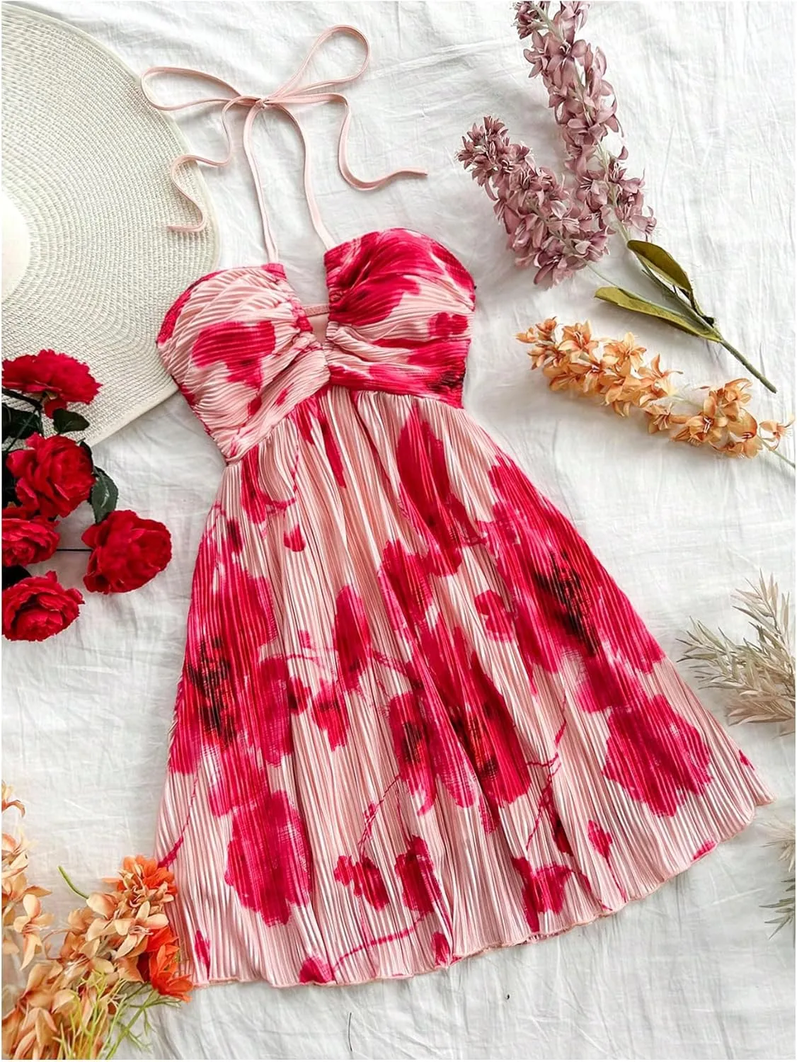 Floerns Women's Tie Dye A Line Flowy Halter Mini Dress Sleeveless Ruched Flare Hem Sundresses