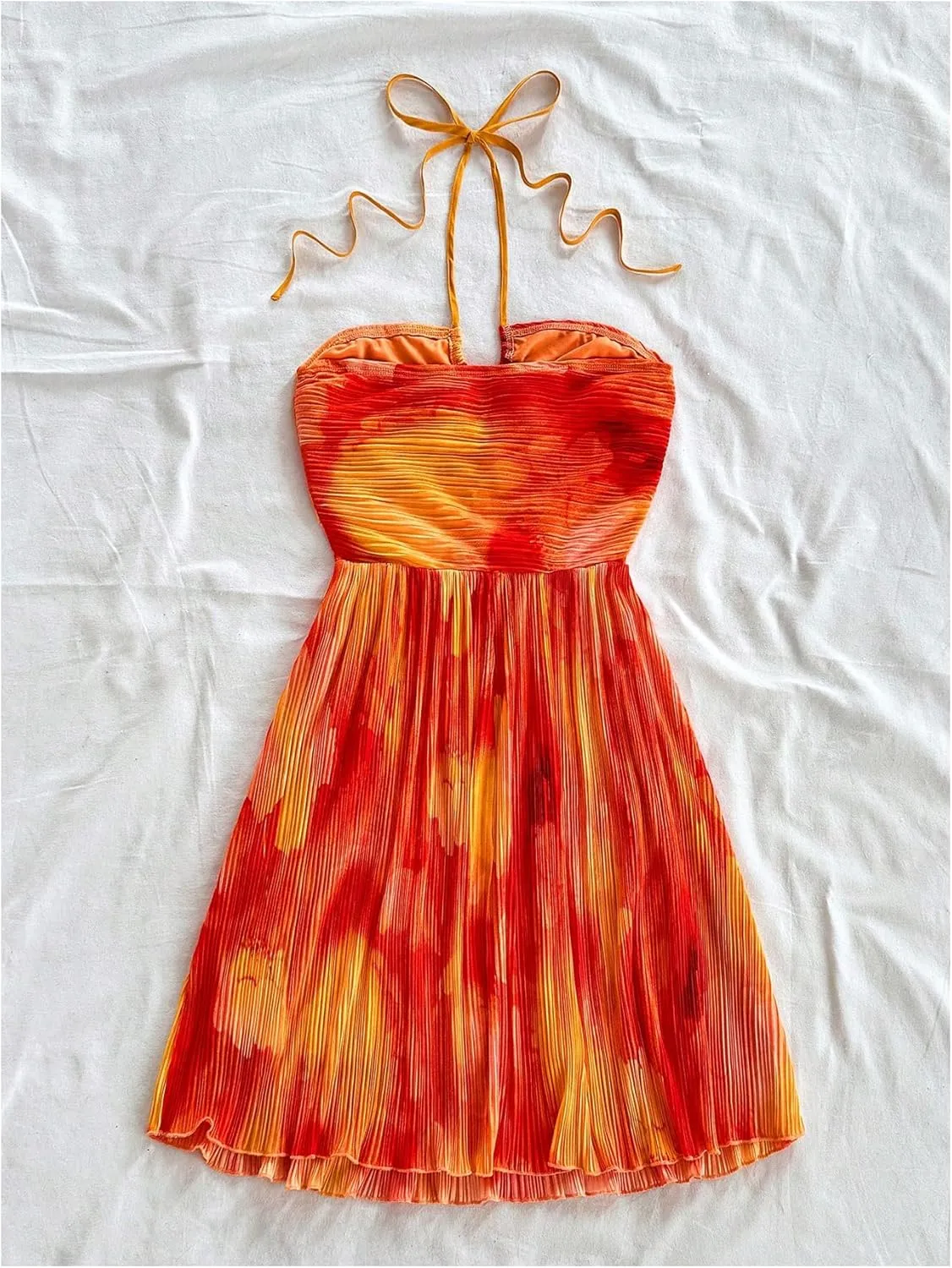 Floerns Women's Tie Dye A Line Flowy Halter Mini Dress Sleeveless Ruched Flare Hem Sundresses