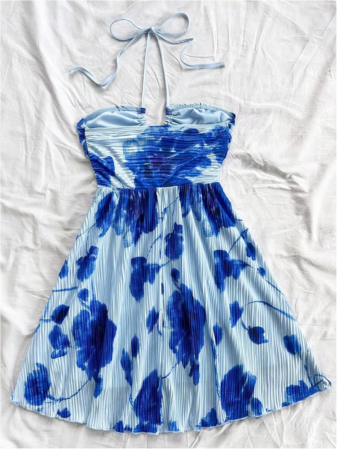 Floerns Women's Tie Dye A Line Flowy Halter Mini Dress Sleeveless Ruched Flare Hem Sundresses