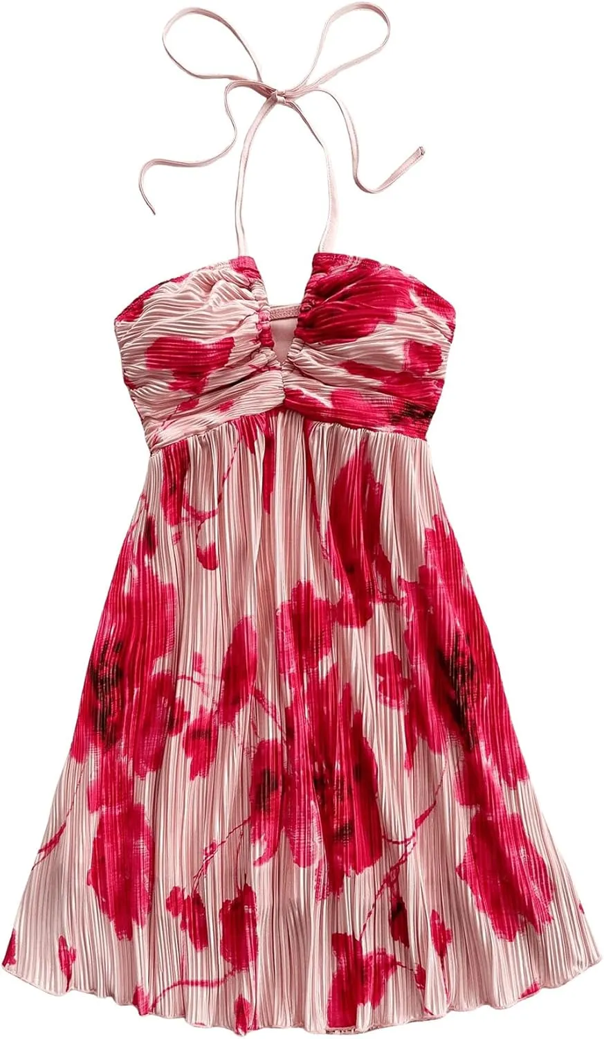 Floerns Women's Tie Dye A Line Flowy Halter Mini Dress Sleeveless Ruched Flare Hem Sundresses