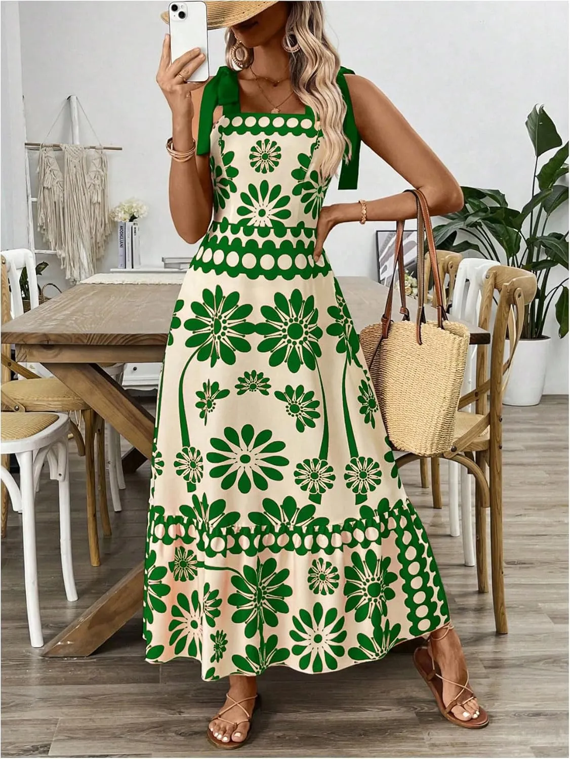 Floerns Women's Vintage Sleeveless Tie Shoulder Sundress Floral Print Cami Maxi Dress