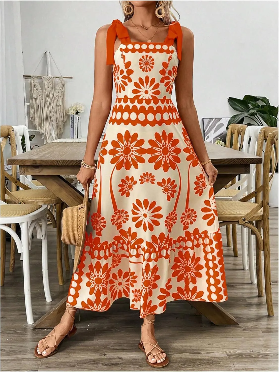 Floerns Women's Vintage Sleeveless Tie Shoulder Sundress Floral Print Cami Maxi Dress