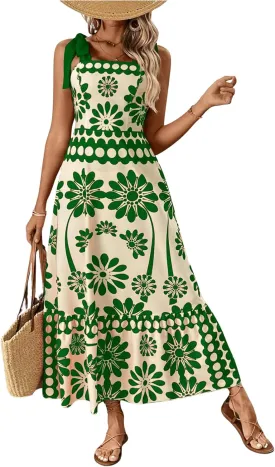 Floerns Women's Vintage Sleeveless Tie Shoulder Sundress Floral Print Cami Maxi Dress