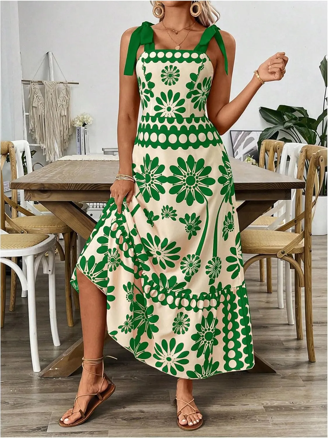 Floerns Women's Vintage Sleeveless Tie Shoulder Sundress Floral Print Cami Maxi Dress