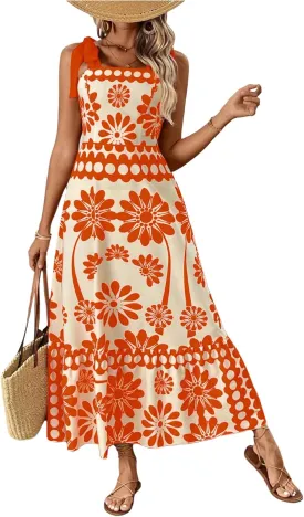Floerns Women's Vintage Sleeveless Tie Shoulder Sundress Floral Print Cami Maxi Dress