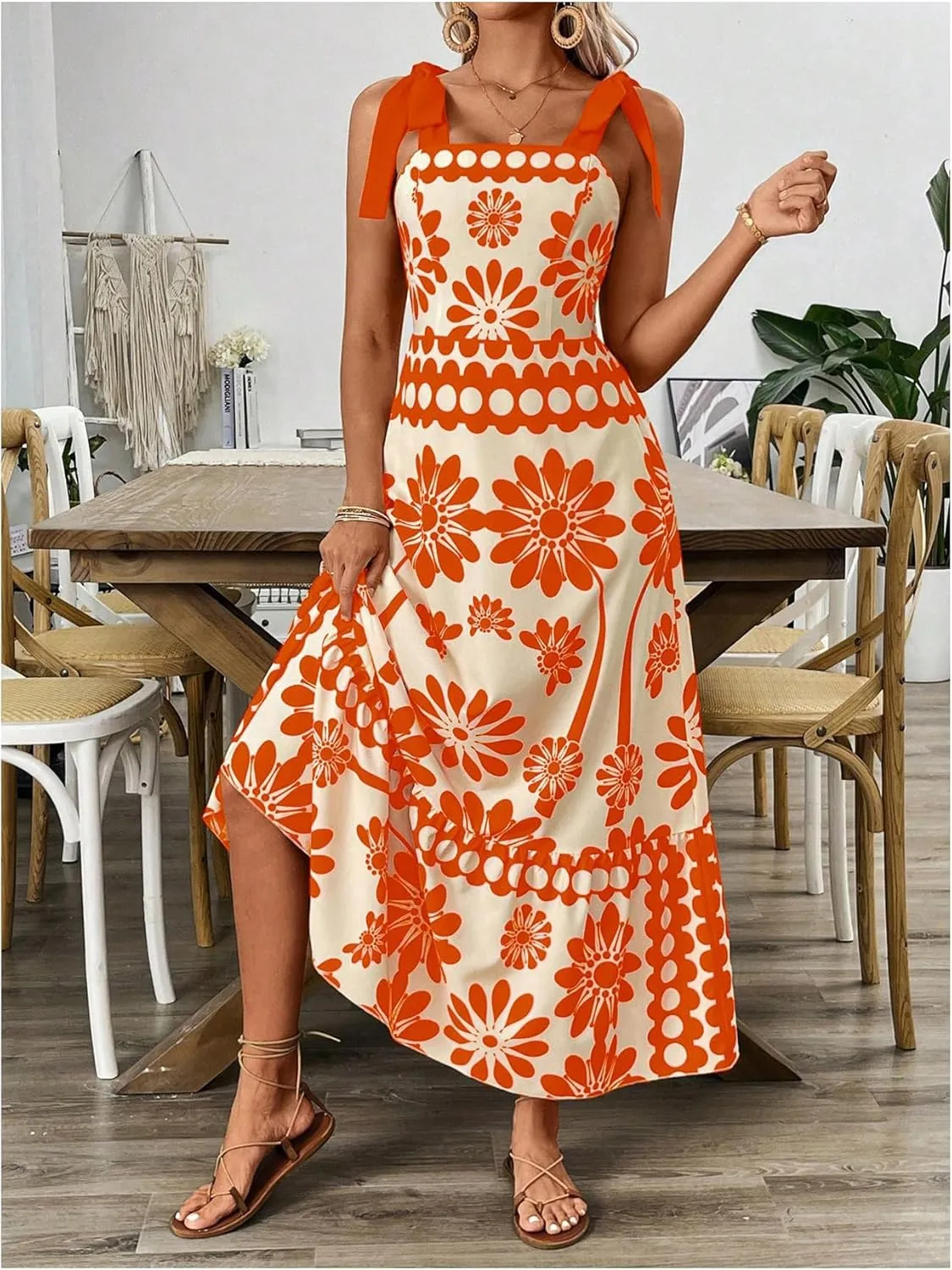 Floerns Women's Vintage Sleeveless Tie Shoulder Sundress Floral Print Cami Maxi Dress