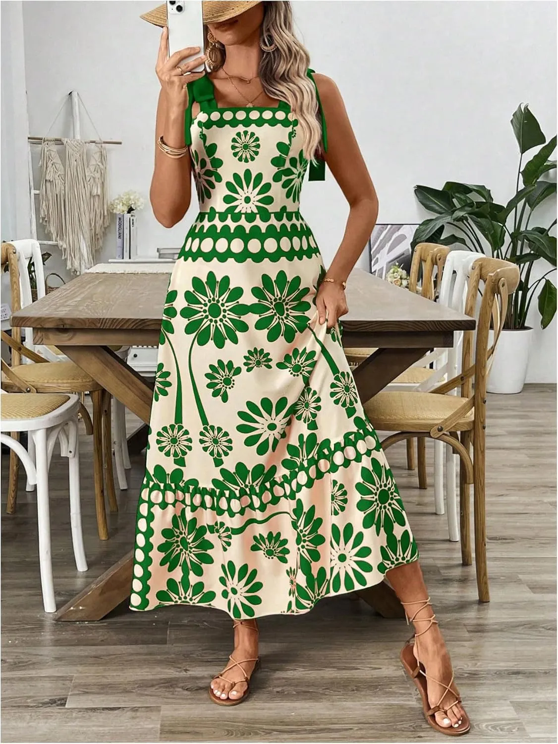 Floerns Women's Vintage Sleeveless Tie Shoulder Sundress Floral Print Cami Maxi Dress