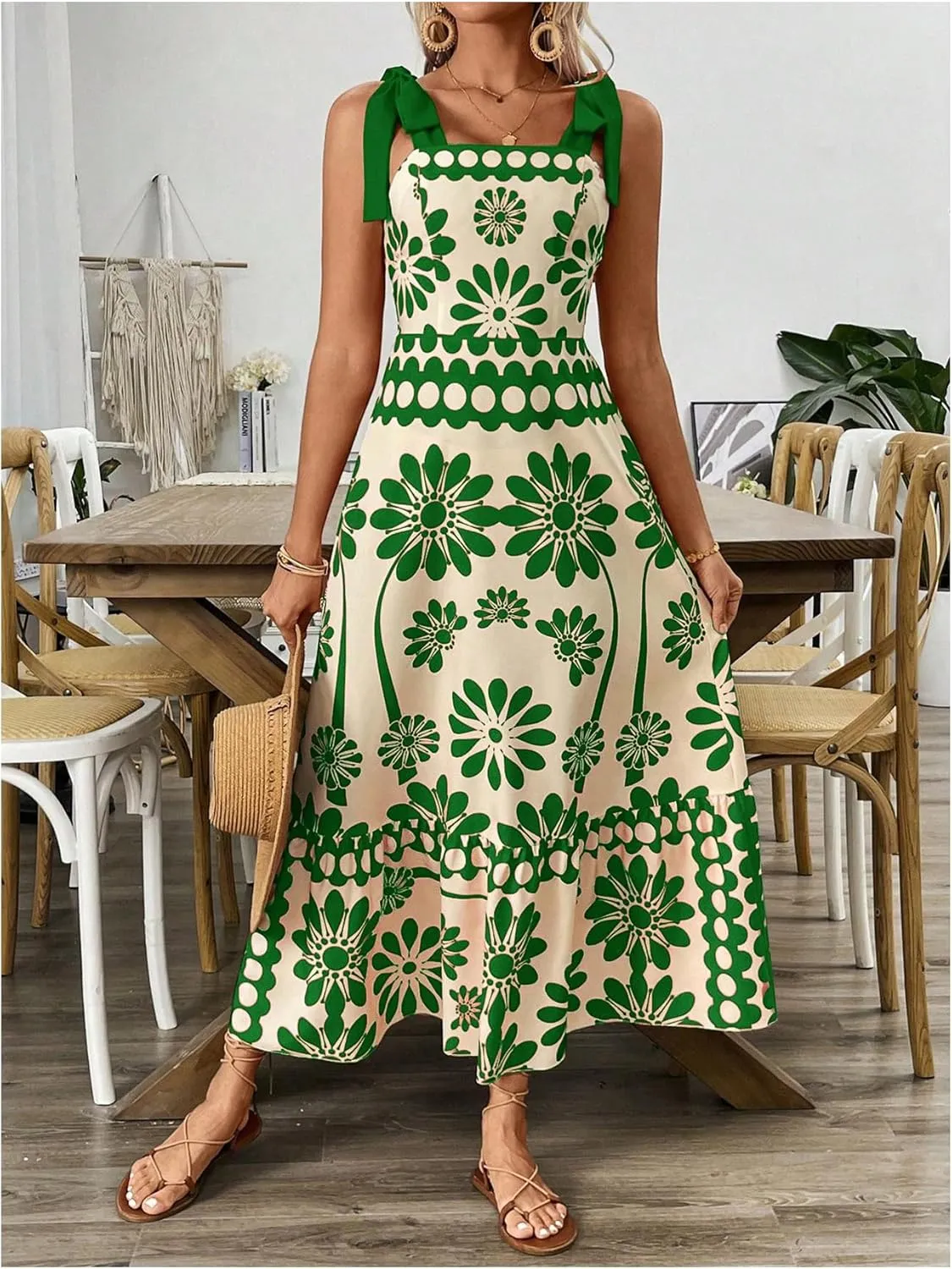 Floerns Women's Vintage Sleeveless Tie Shoulder Sundress Floral Print Cami Maxi Dress