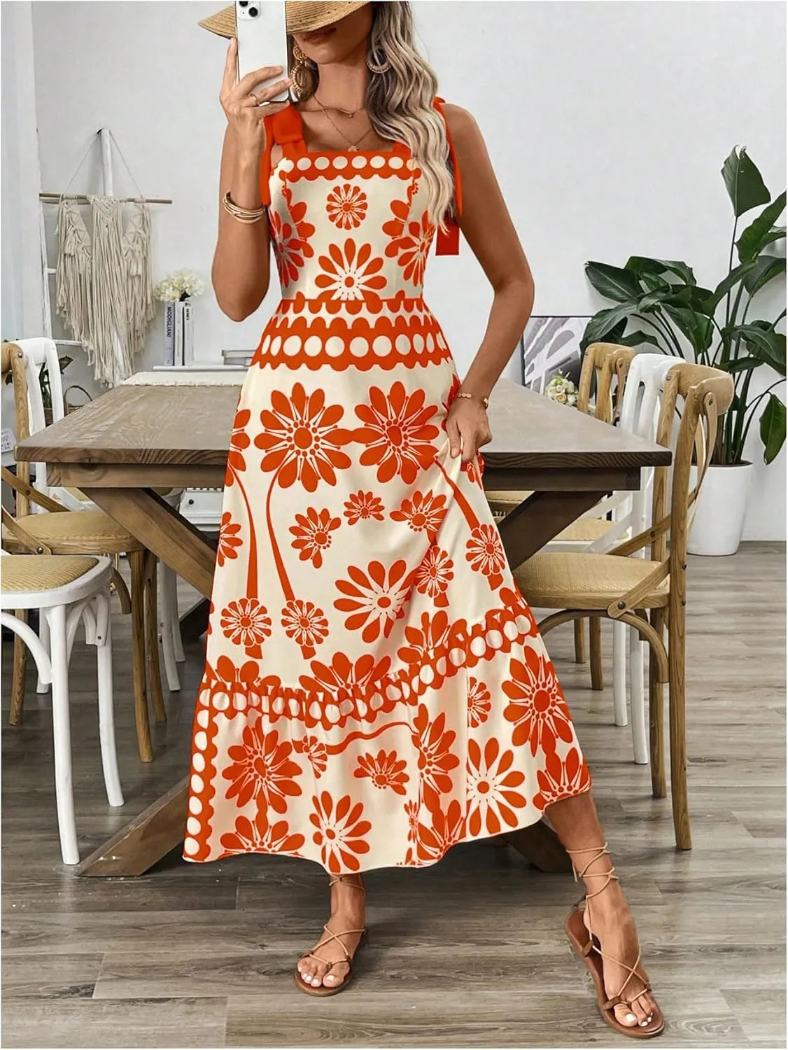 Floerns Women's Vintage Sleeveless Tie Shoulder Sundress Floral Print Cami Maxi Dress