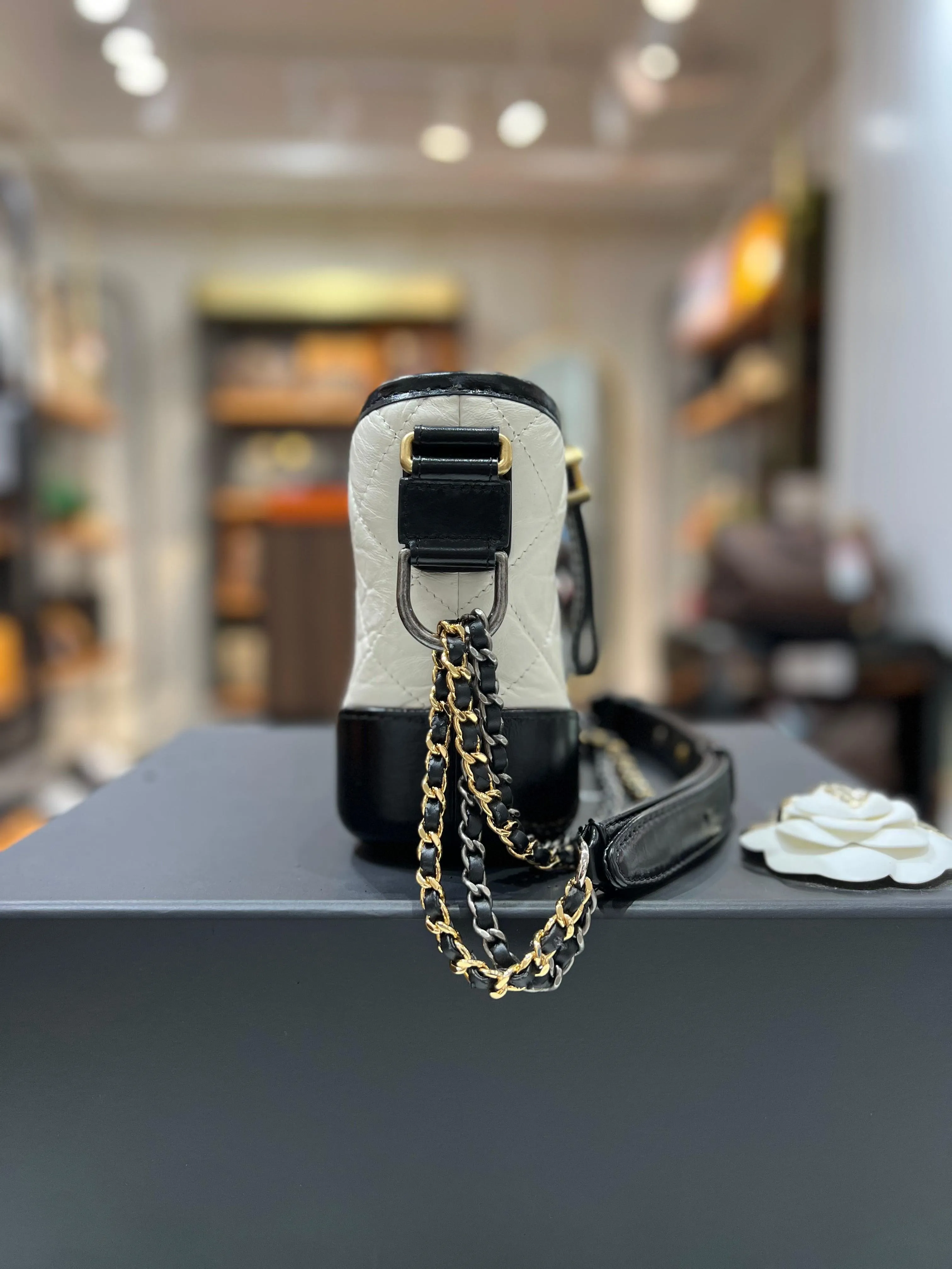 Full Set As New Microchip CHANEL Small Gabrielle Hobo Quilted Calfskin Black White Bag For Women's Sling Bag