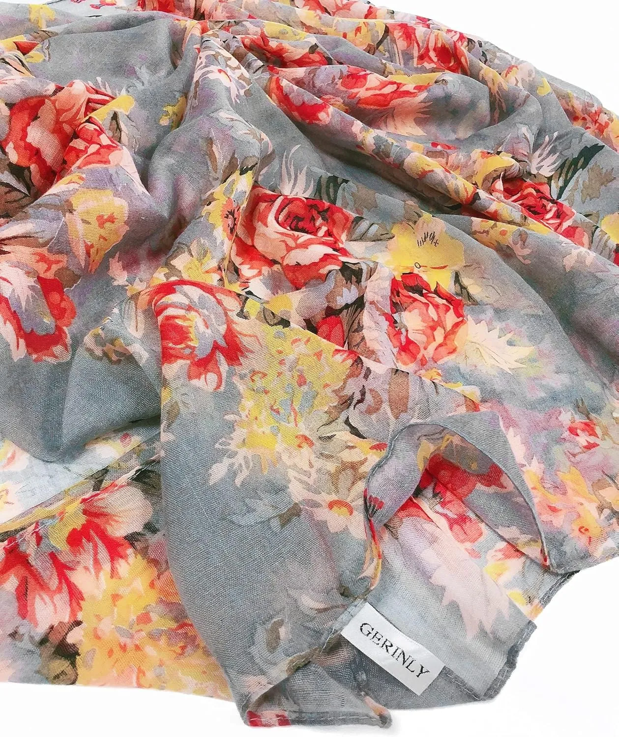GERINLY Lightweight Scarves Fashion Flowers Print Women Cotton Wrap Scarf Head Shawl Summer Gift