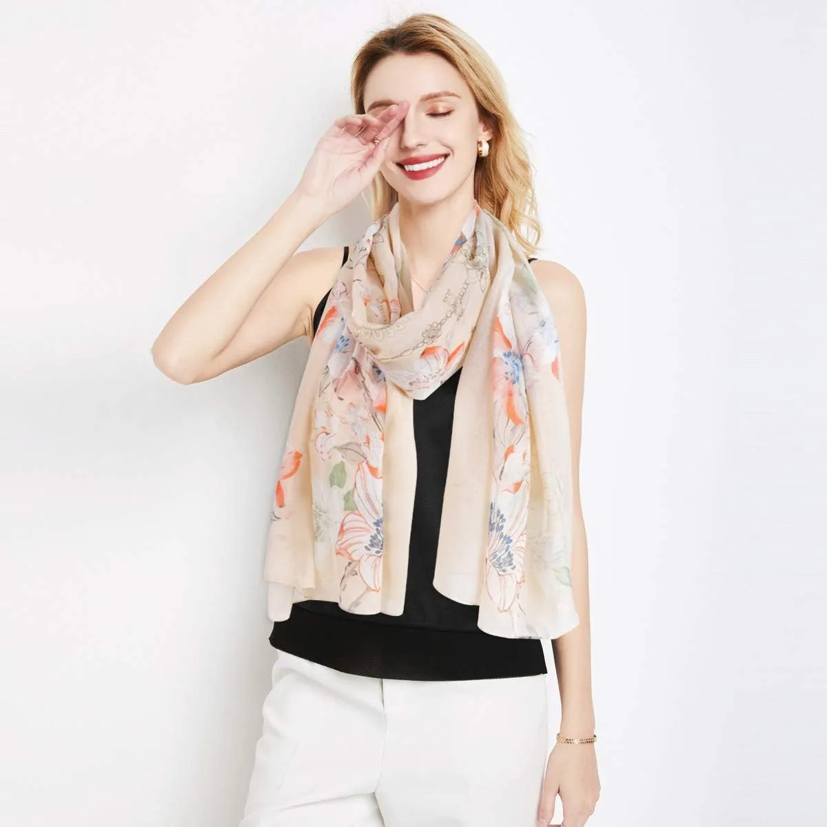 GERINLY Lightweight Scarves Fashion Flowers Print Women Cotton Wrap Scarf Head Shawl Summer Gift