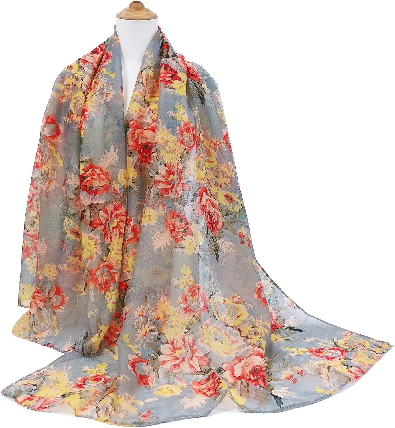 GERINLY Lightweight Scarves Fashion Flowers Print Women Cotton Wrap Scarf Head Shawl Summer Gift