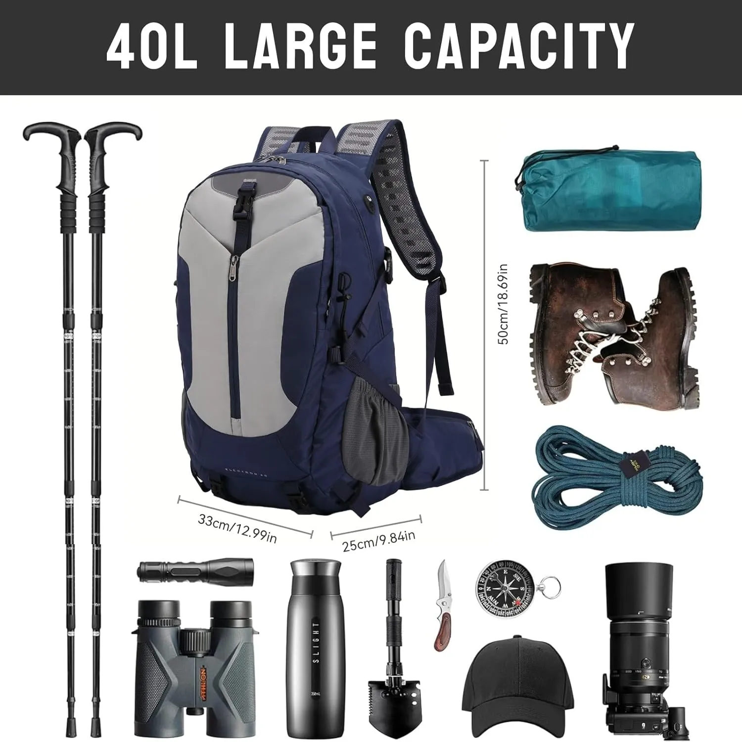 Hiking Backpack 40L, Waterproof Hiking Backpack with Rain Cover, Large Camping Bag Outdoor Sport Travel Daypack