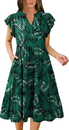 Hount Women's Summer Casual Dress 2025 V Neck Short Sleeve Midi Sundress Party Dress Flowy Tiered Beach Dresses with Pockets