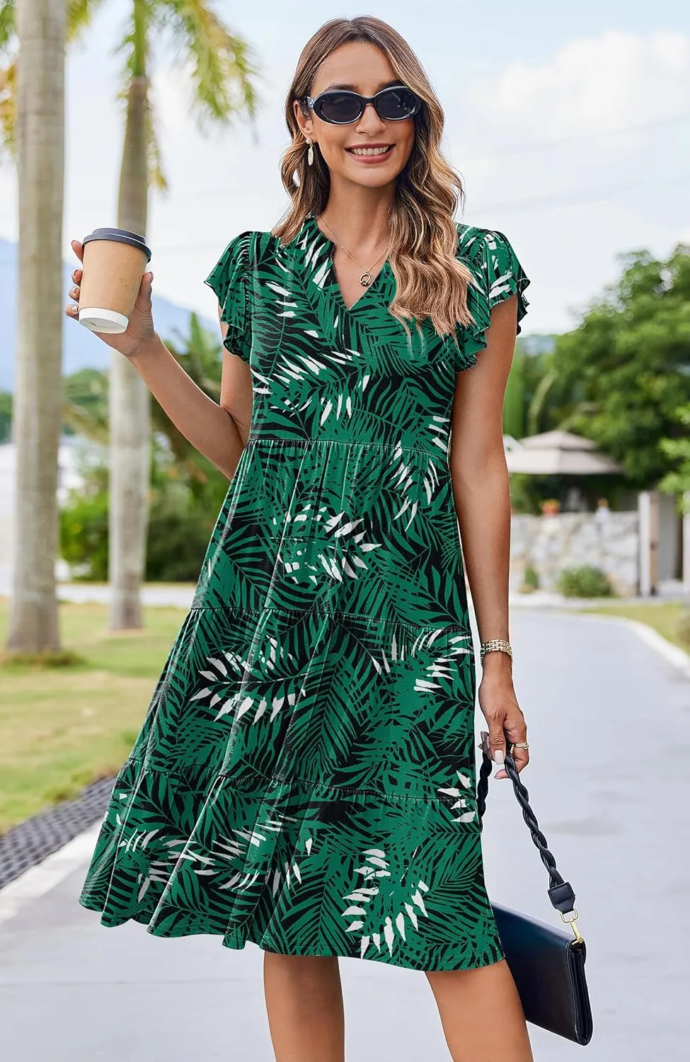 Hount Women's Summer Casual Dress 2025 V Neck Short Sleeve Midi Sundress Party Dress Flowy Tiered Beach Dresses with Pockets