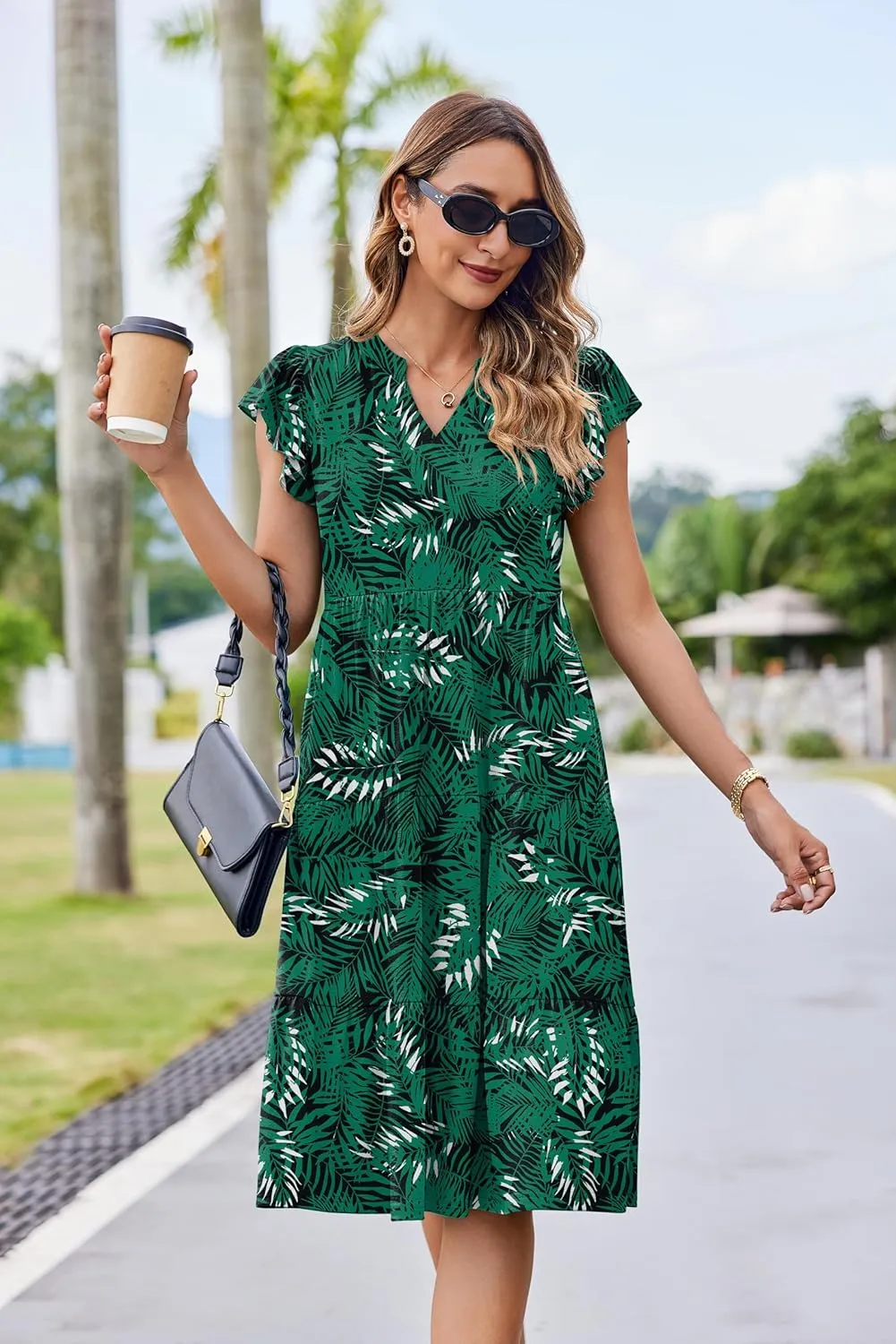 Hount Women's Summer Casual Dress 2025 V Neck Short Sleeve Midi Sundress Party Dress Flowy Tiered Beach Dresses with Pockets