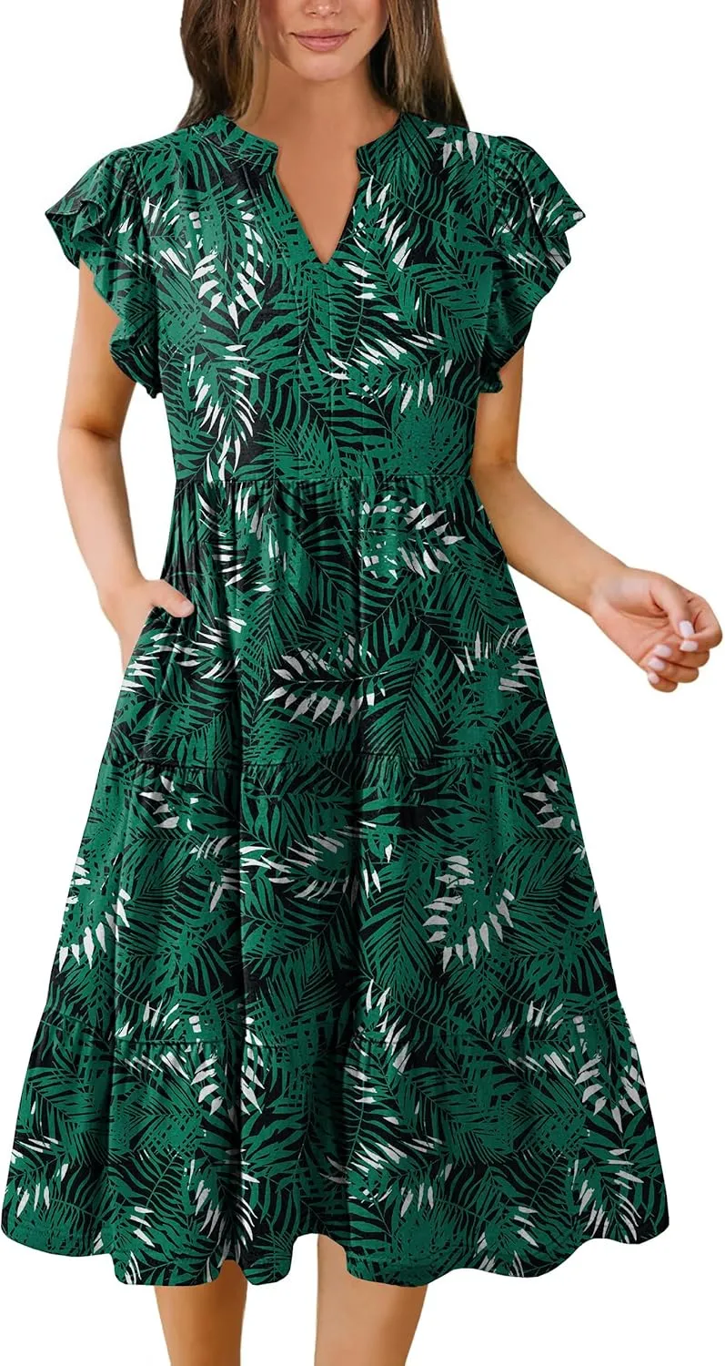 Hount Women's Summer Casual Dress 2025 V Neck Short Sleeve Midi Sundress Party Dress Flowy Tiered Beach Dresses with Pockets
