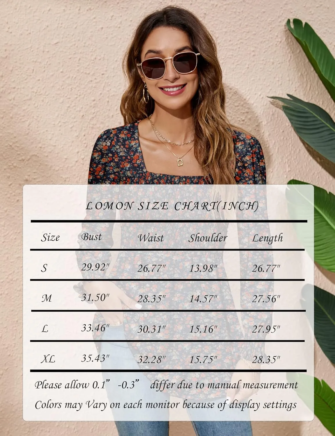 LOMON Blouses for Women Puff Long Sleeve Shirts Square Neck Casual Smocked Tunic Tops 2024 Spring Fall Winter Clothes S-XL