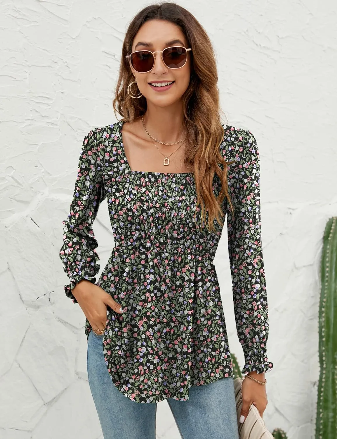 LOMON Blouses for Women Puff Long Sleeve Shirts Square Neck Casual Smocked Tunic Tops 2024 Spring Fall Winter Clothes S-XL