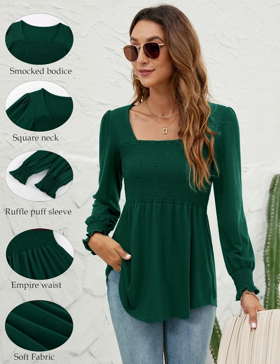 LOMON Blouses for Women Puff Long Sleeve Shirts Square Neck Casual Smocked Tunic Tops 2024 Spring Fall Winter Clothes S-XL