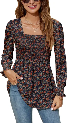 LOMON Blouses for Women Puff Long Sleeve Shirts Square Neck Casual Smocked Tunic Tops 2024 Spring Fall Winter Clothes S-XL