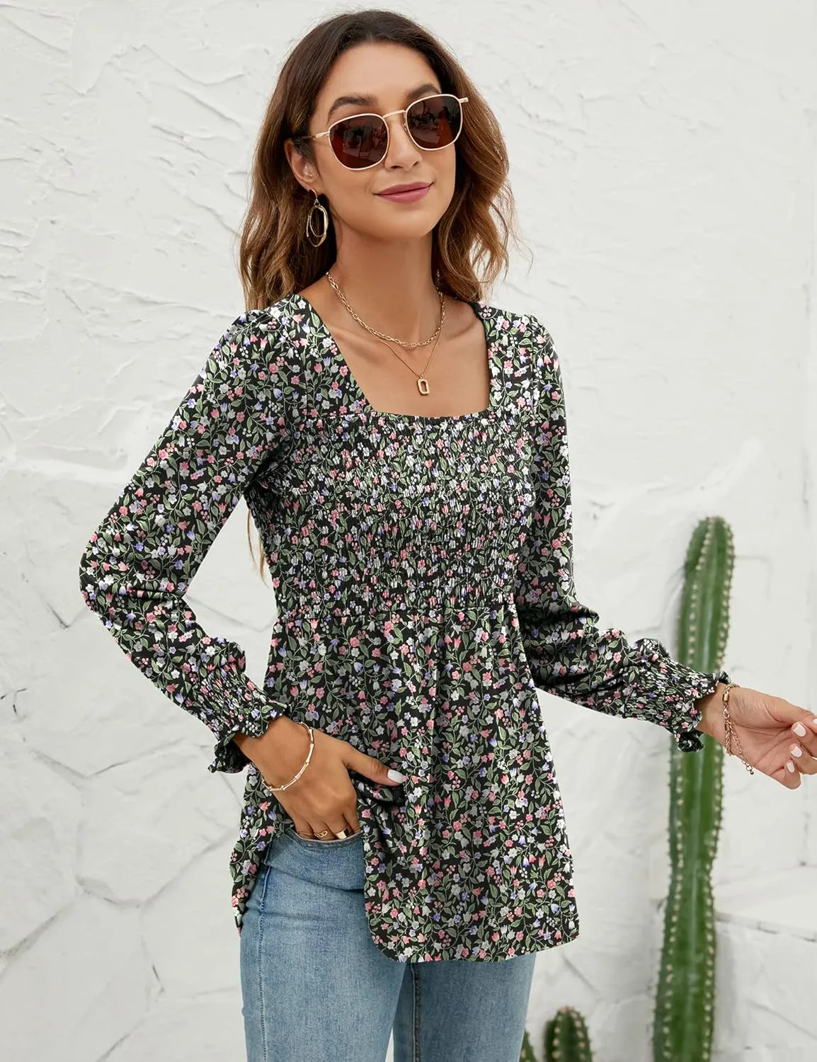 LOMON Blouses for Women Puff Long Sleeve Shirts Square Neck Casual Smocked Tunic Tops 2024 Spring Fall Winter Clothes S-XL