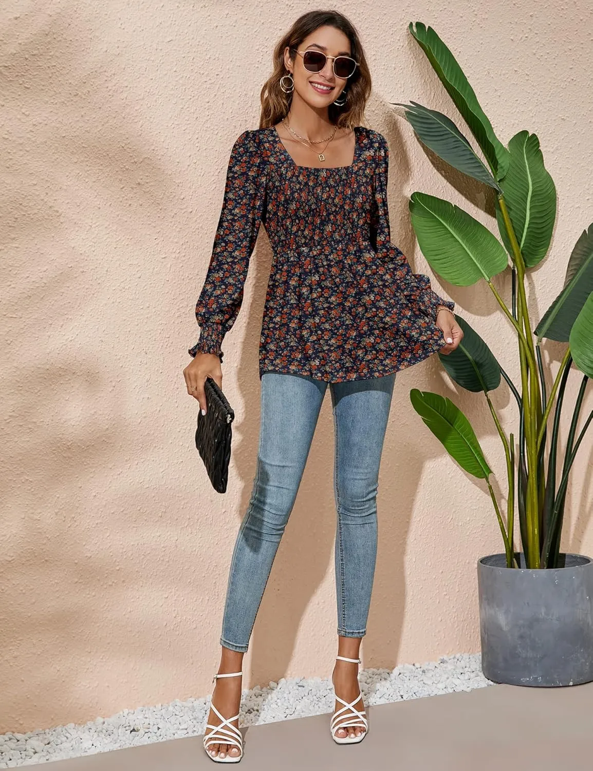 LOMON Blouses for Women Puff Long Sleeve Shirts Square Neck Casual Smocked Tunic Tops 2024 Spring Fall Winter Clothes S-XL