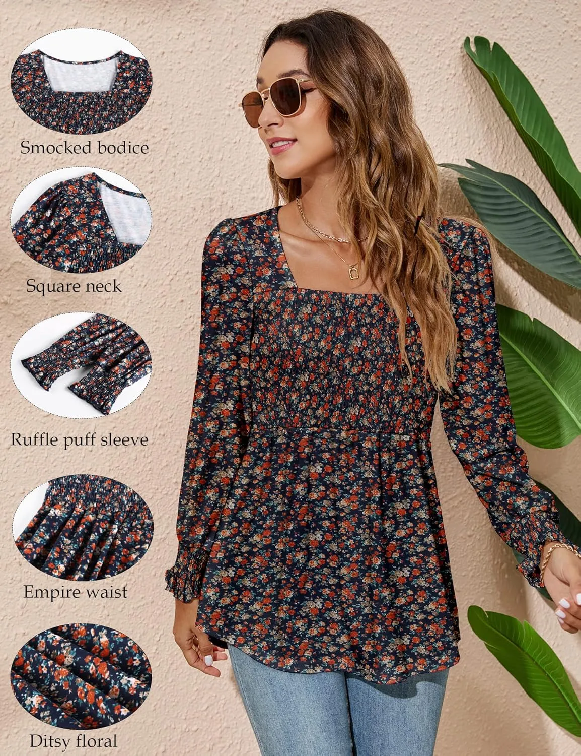 LOMON Blouses for Women Puff Long Sleeve Shirts Square Neck Casual Smocked Tunic Tops 2024 Spring Fall Winter Clothes S-XL