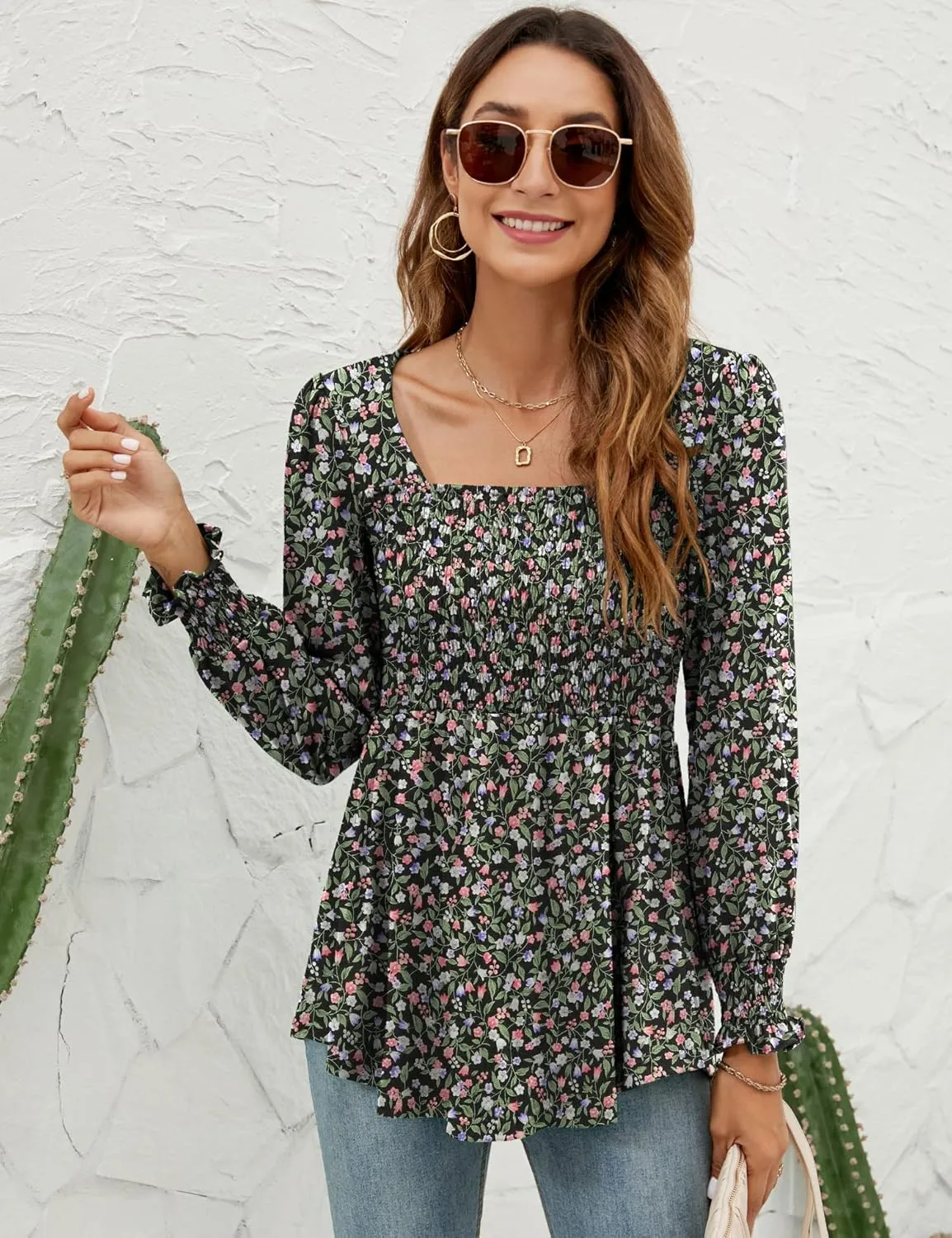 LOMON Blouses for Women Puff Long Sleeve Shirts Square Neck Casual Smocked Tunic Tops 2024 Spring Fall Winter Clothes S-XL