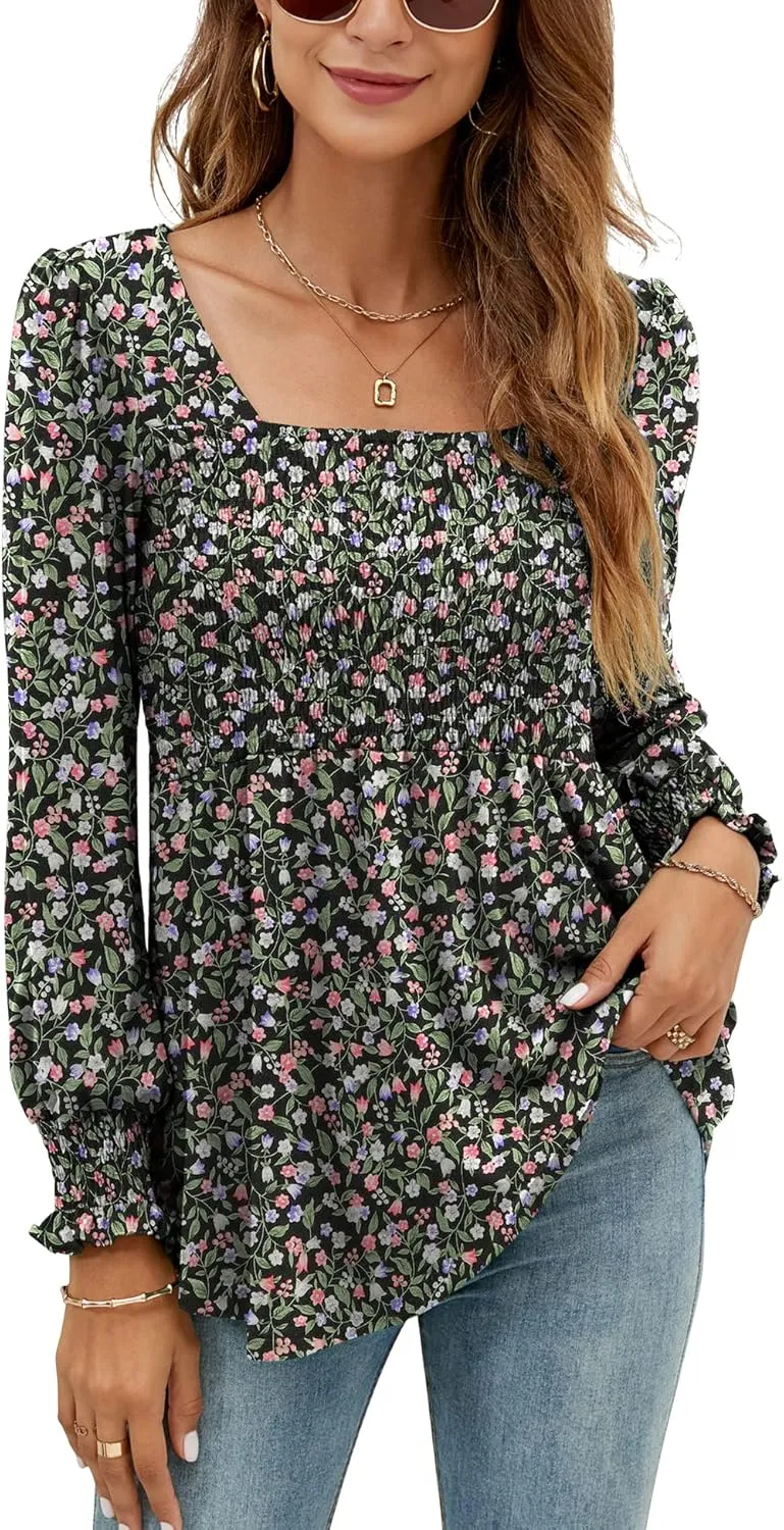 LOMON Blouses for Women Puff Long Sleeve Shirts Square Neck Casual Smocked Tunic Tops 2024 Spring Fall Winter Clothes S-XL