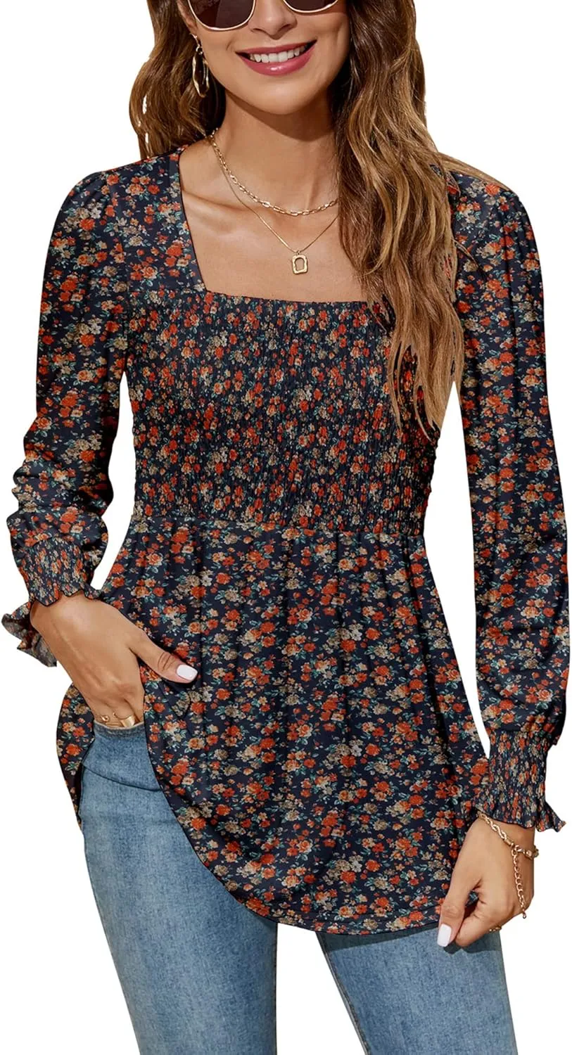 LOMON Blouses for Women Puff Long Sleeve Shirts Square Neck Casual Smocked Tunic Tops 2024 Spring Fall Winter Clothes S-XL