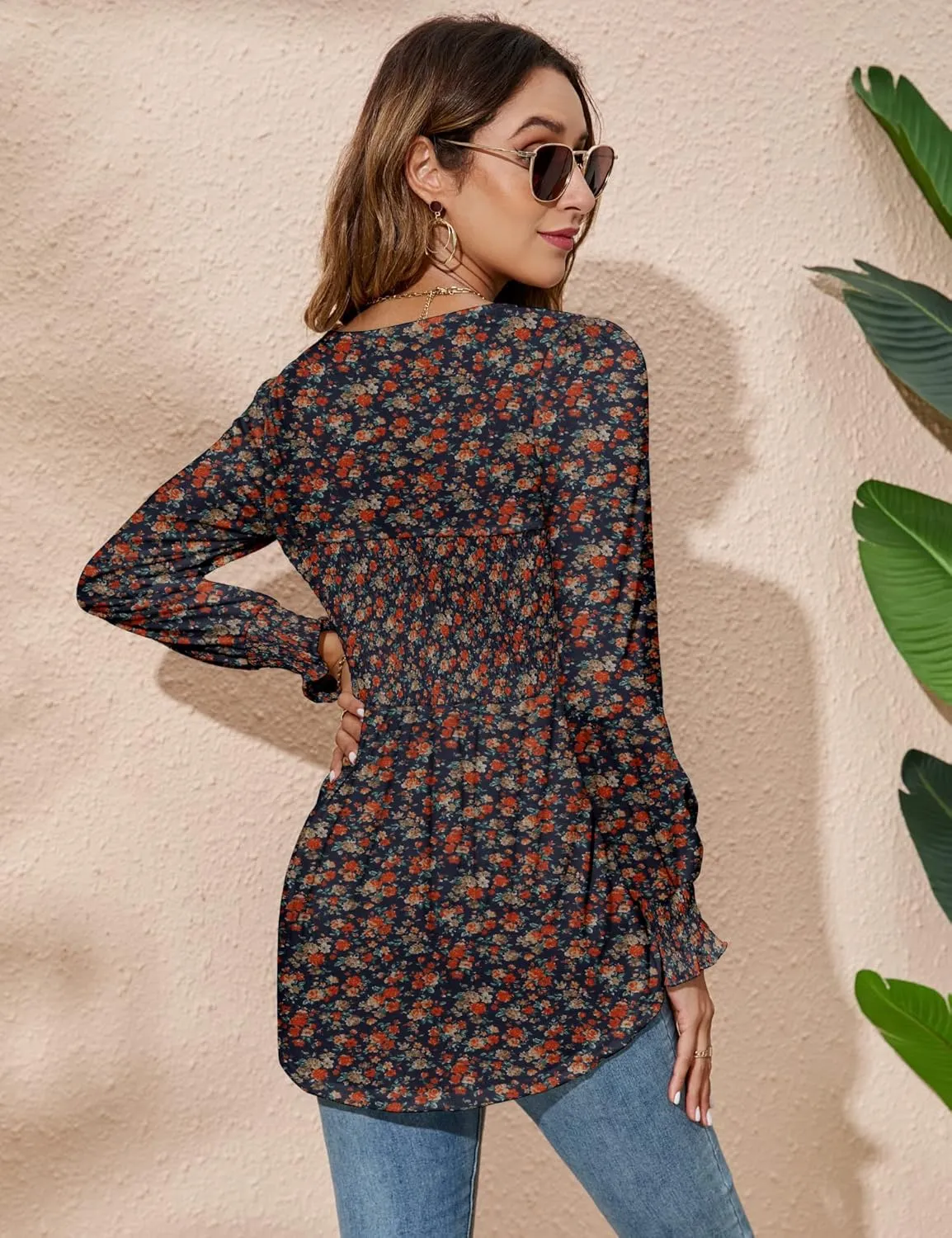LOMON Blouses for Women Puff Long Sleeve Shirts Square Neck Casual Smocked Tunic Tops 2024 Spring Fall Winter Clothes S-XL