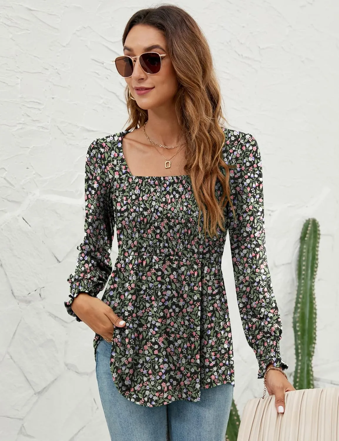 LOMON Blouses for Women Puff Long Sleeve Shirts Square Neck Casual Smocked Tunic Tops 2024 Spring Fall Winter Clothes S-XL