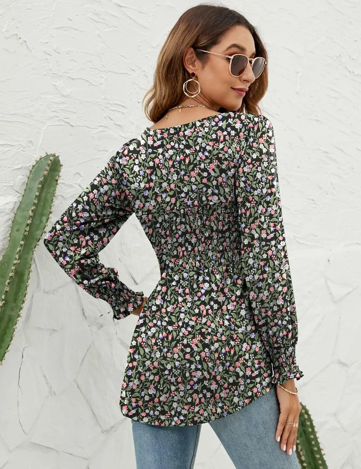LOMON Blouses for Women Puff Long Sleeve Shirts Square Neck Casual Smocked Tunic Tops 2024 Spring Fall Winter Clothes S-XL