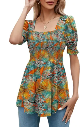 LOMON Women's Tunics Square Neck Puff Short Sleeve Smocked Top Ladies Peplum Blouse Tee Shirts 2025 Spring Summer S-XL