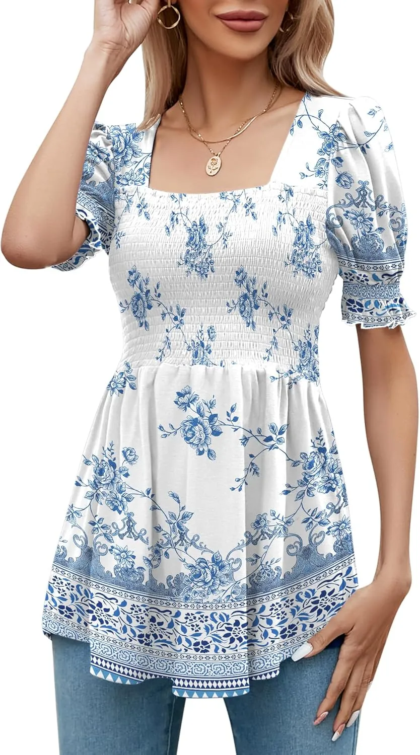 LOMON Women's Tunics Square Neck Puff Short Sleeve Smocked Top Ladies Peplum Blouse Tee Shirts 2025 Spring Summer S-XL
