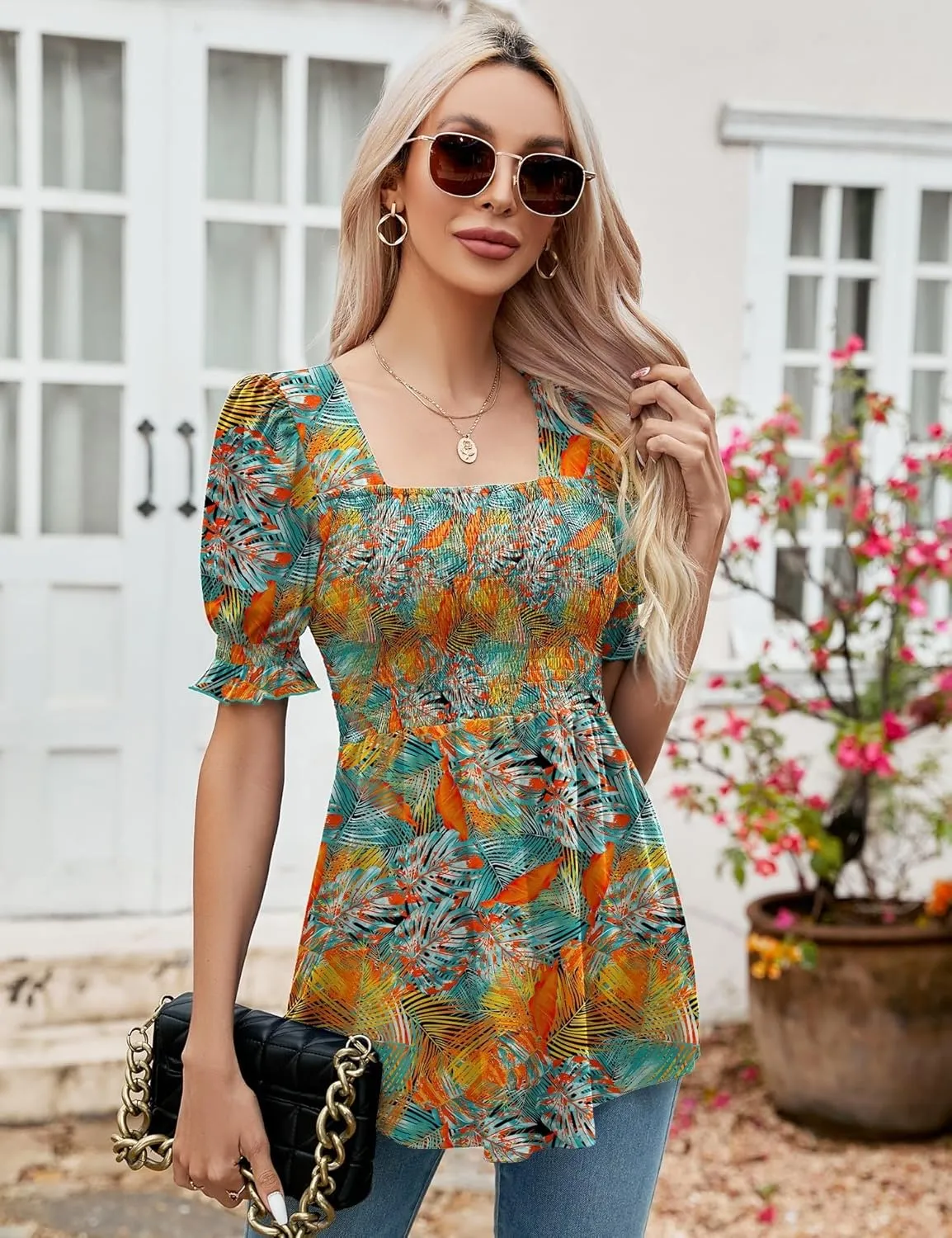 LOMON Women's Tunics Square Neck Puff Short Sleeve Smocked Top Ladies Peplum Blouse Tee Shirts 2025 Spring Summer S-XL